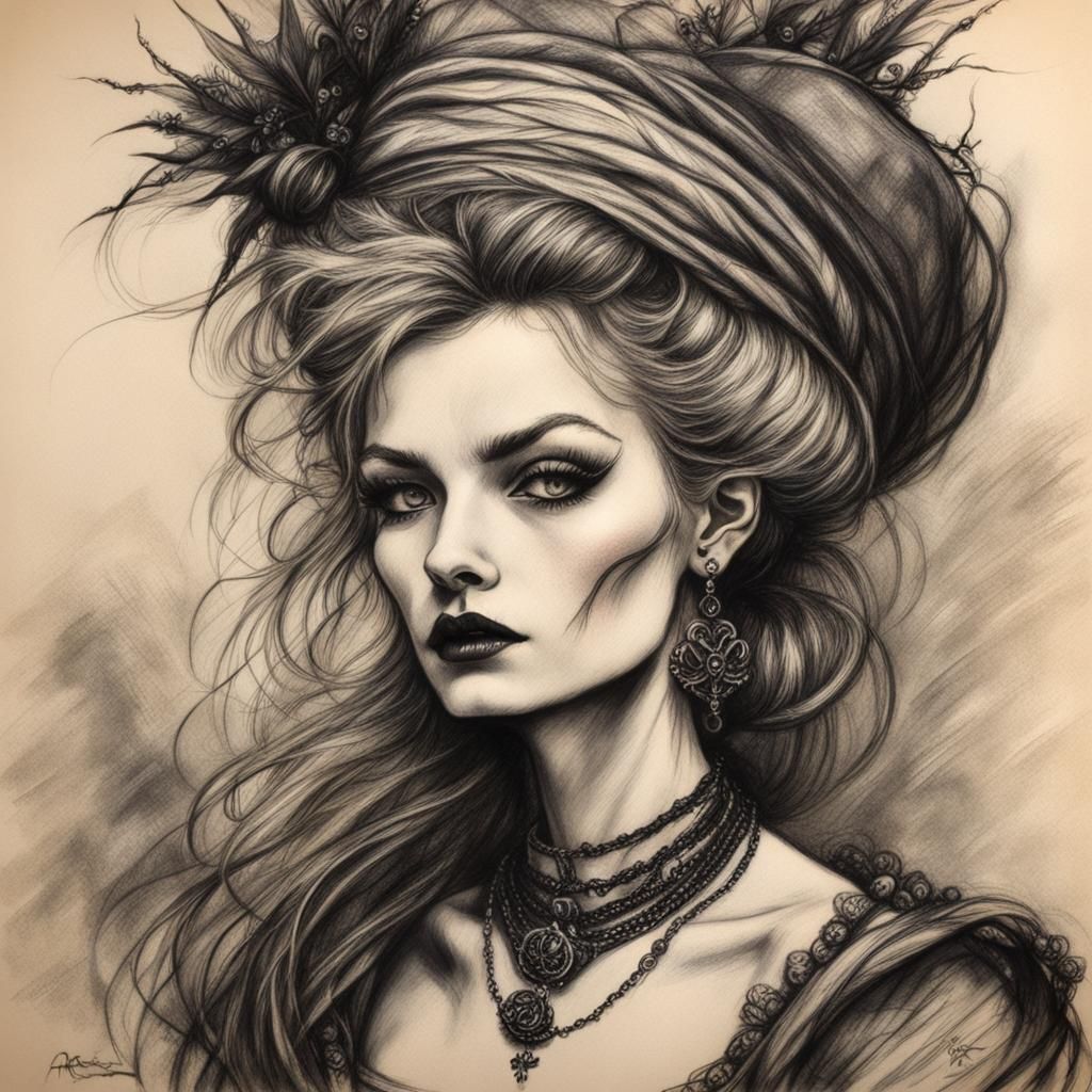 Punk Princess in 1960s Style Charcoal Drawing