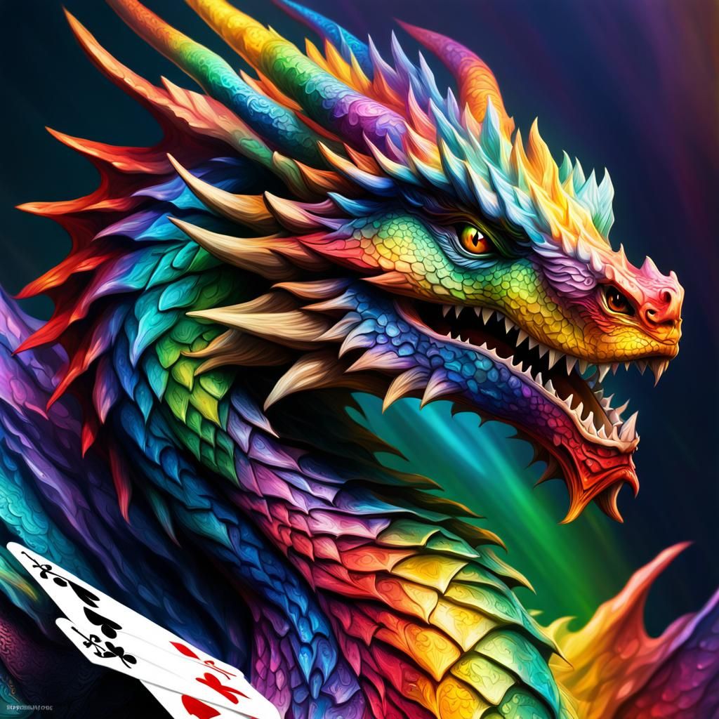 Rainbow Dragon Plays Cards: Hyperrealistic Concept Art