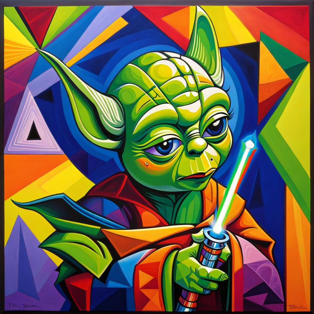 Yoda with Lightsaber in Cubist Style