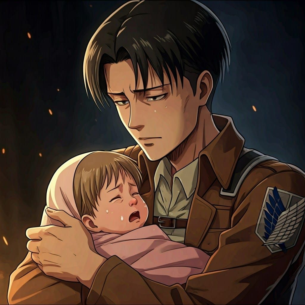 Levi Ackerman Cradles Newborn in Manga Style