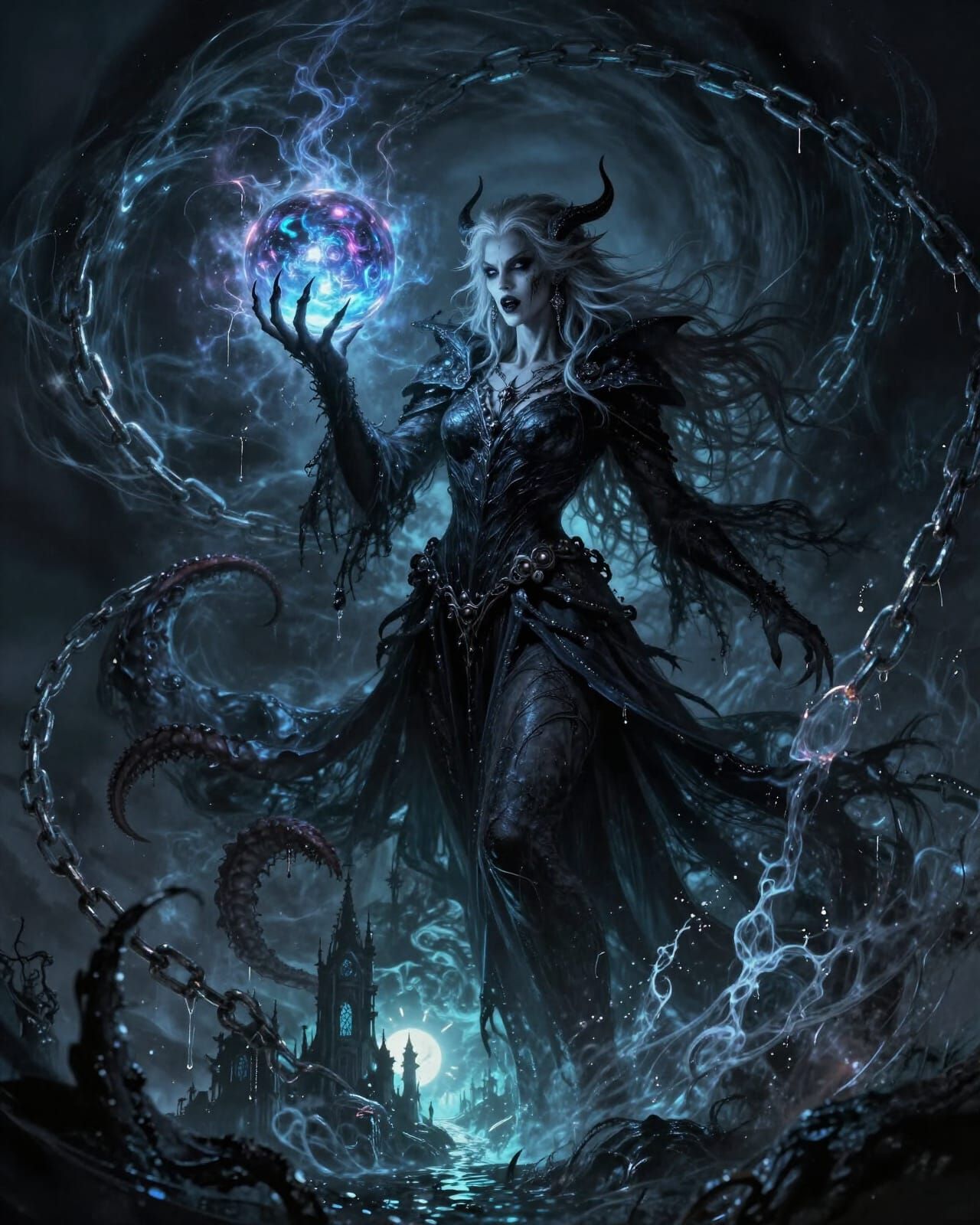 Drow Warlock Channels Abyssal Terror in Dark Fantasy Style