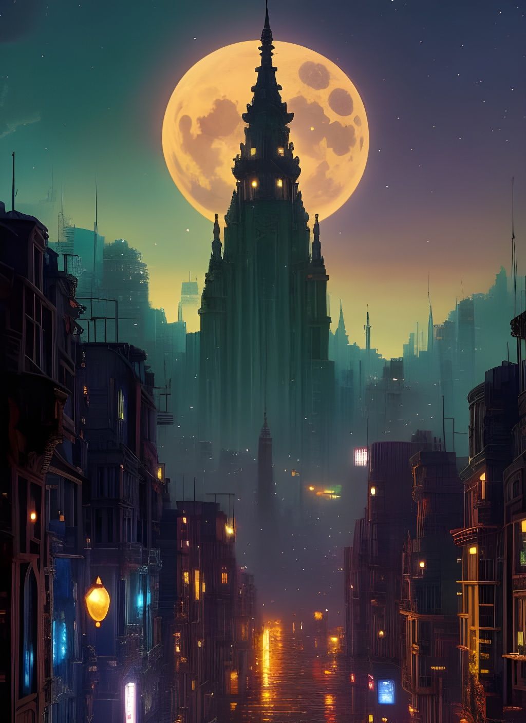 Glitter Cityscape at Night in Cyberpunk Style