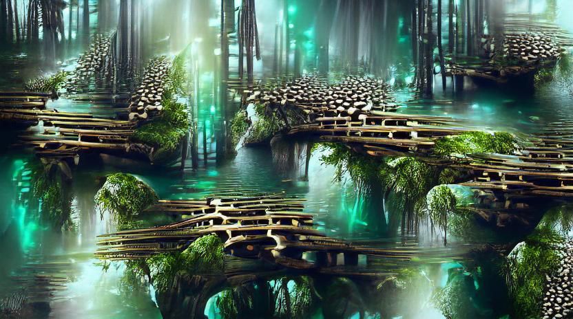 Flooded Forest City with Crystal Fungi