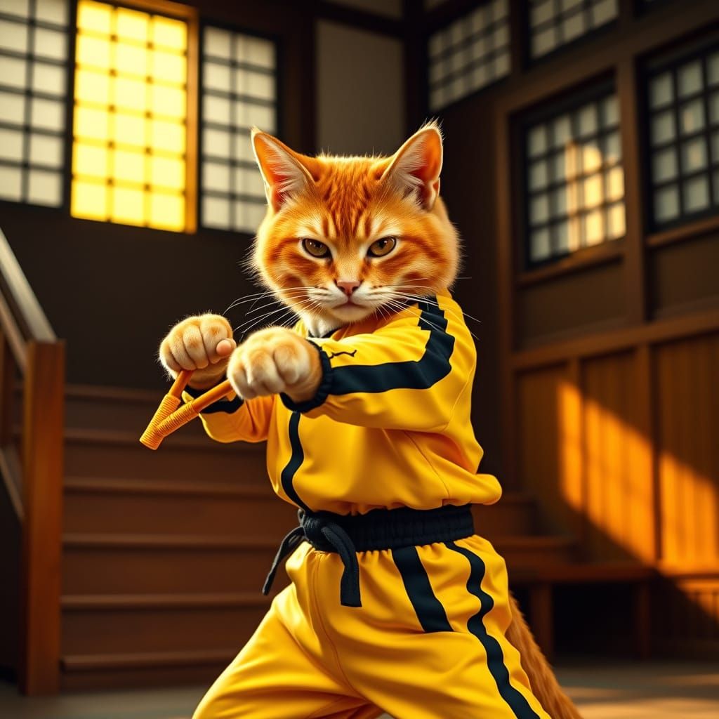 Cyberpunk Feline Warrior in Traditional Japanese Dojo