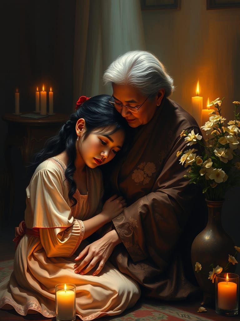 A Mother's Comforting Embrace in Soft Candlelight