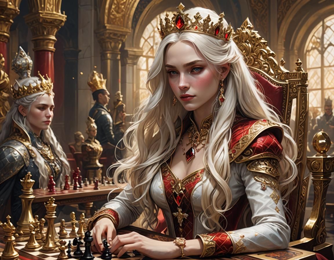 High-Fantasy Queen Playing Chess in Art Deco Vault