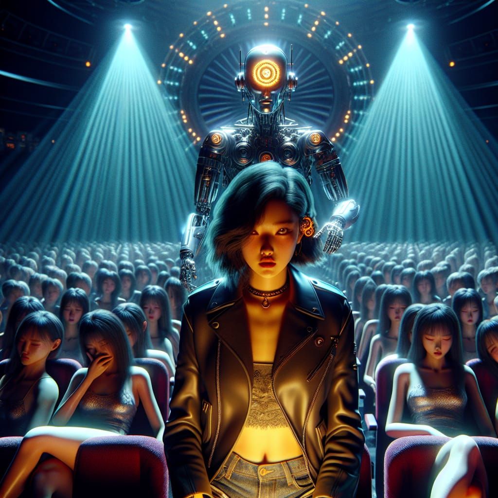 Defiant Woman and Hypnotist Robot in Theater, Hyperrealistic
