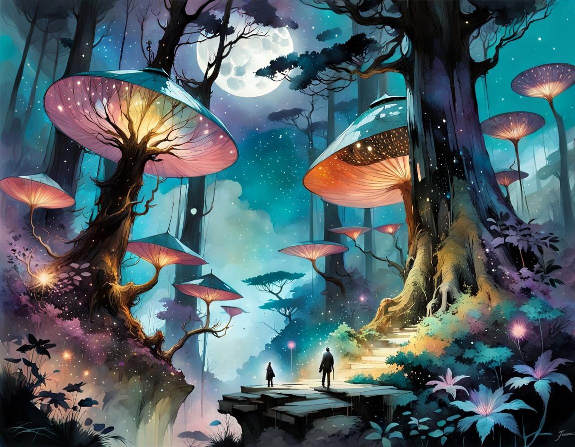 Enchanted Forest with Hybrid Creatures: Digital Watercolor A...