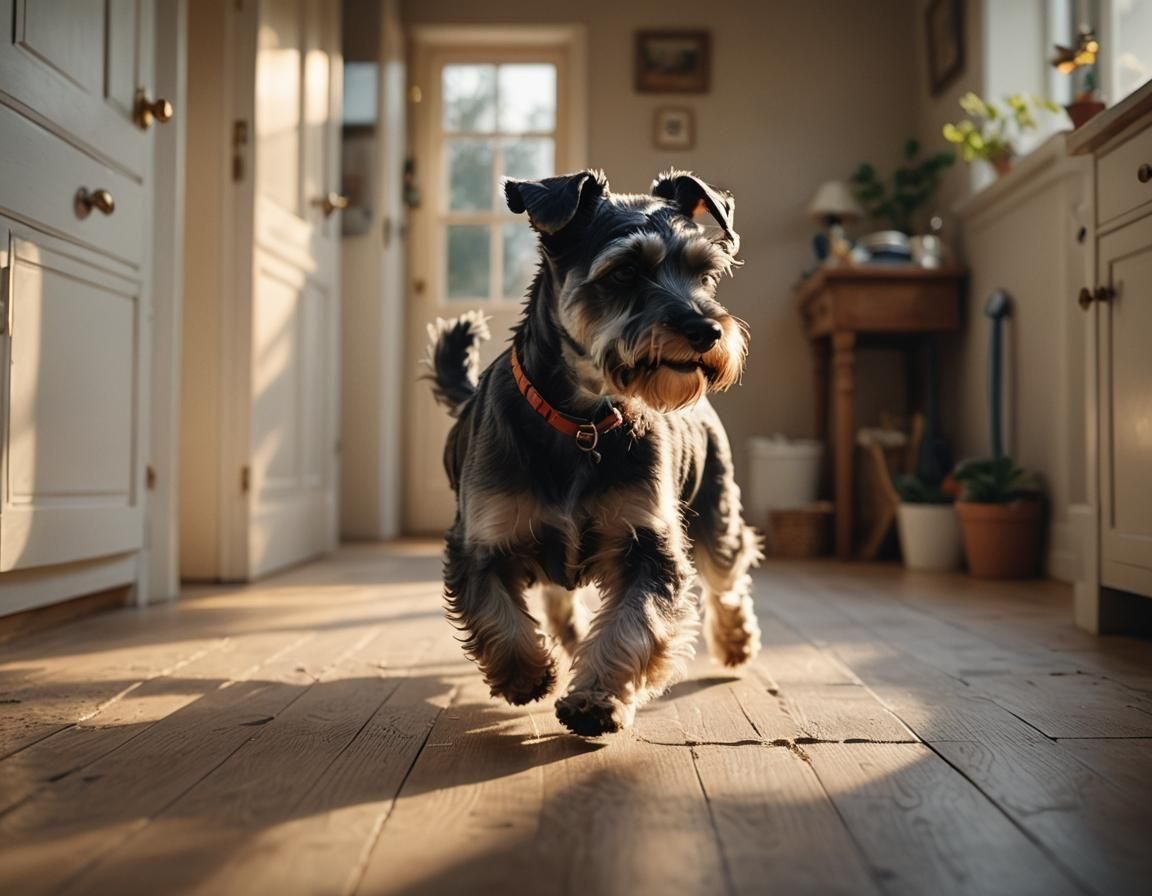 Mini Schnauzer Running and Barking Indoors