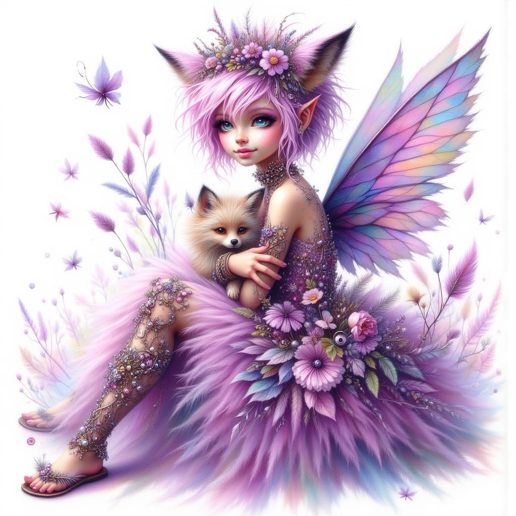 Fairy Punk Dryad with Fox Cub, Watercolor Style