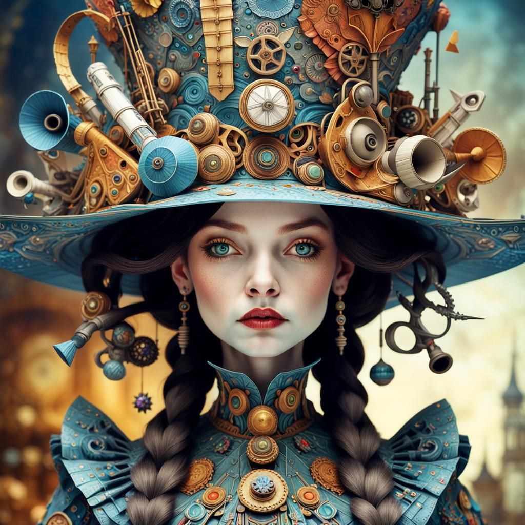 Woman's Intricate Hat of Instruments and Papercraft
