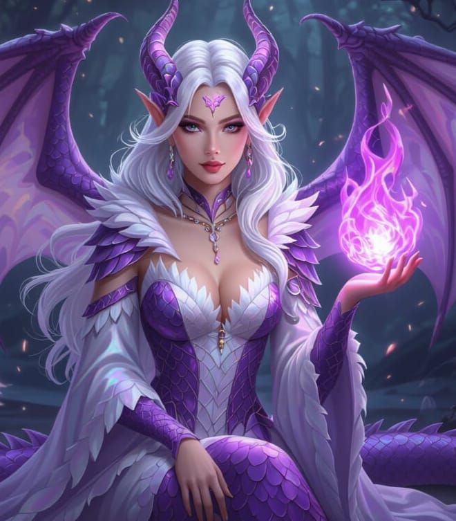 Beautiful Purple Half Dragon Woman With Dragon Fire