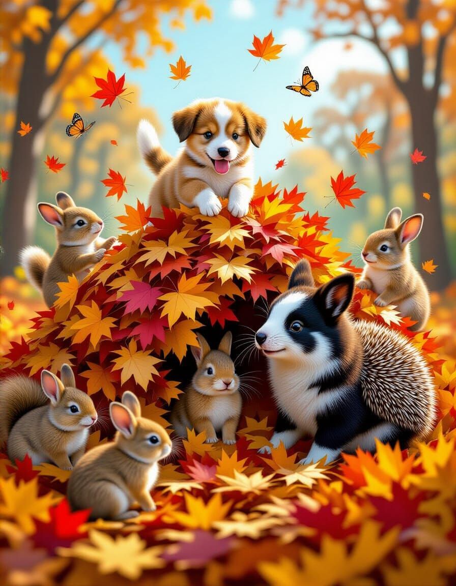 Cute Animals Frolicking in Autumn Leaves