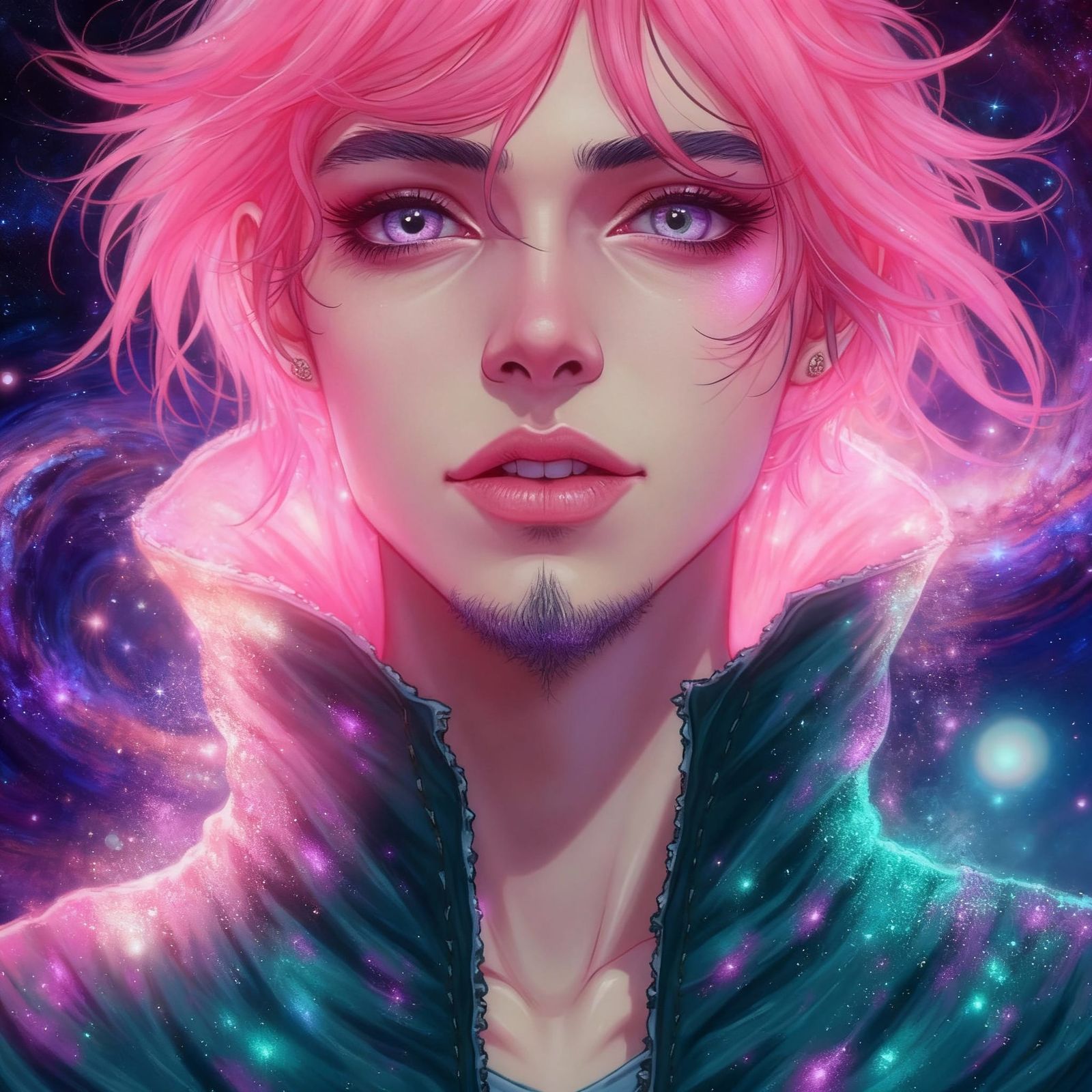 Handsome Love Voidlord with Pink Hair in Cosmic Nebula