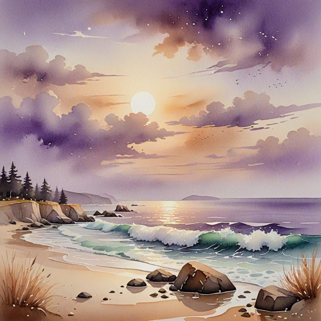 Serenely Tranquil Oceanic Dreamscapes in Watercolor Style