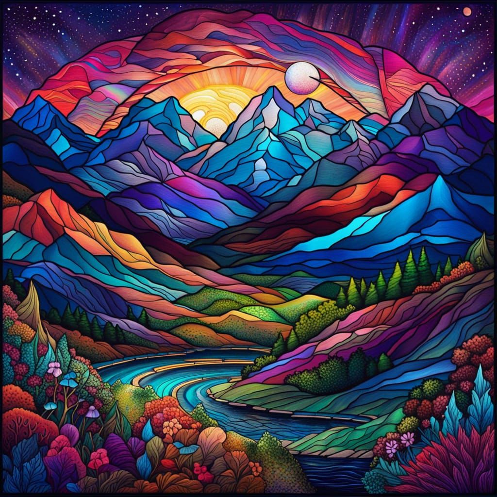 Holographic Stained Glass Mountain Landscape