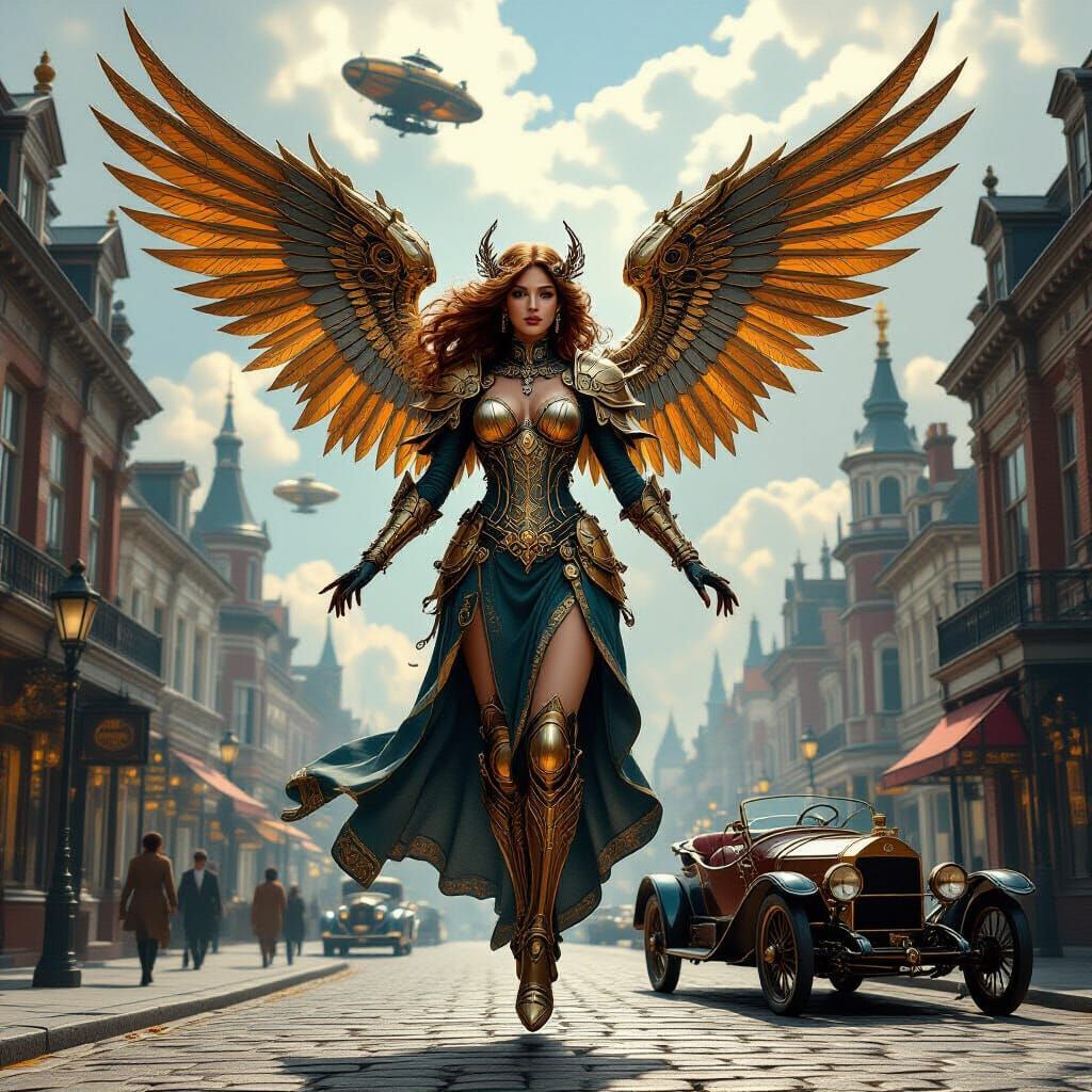 Steampunk Angel Descends in Victorian City