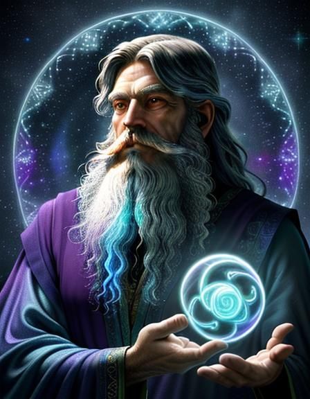 Wizard with Cosmic Fiber Optic Beard in Folk Art