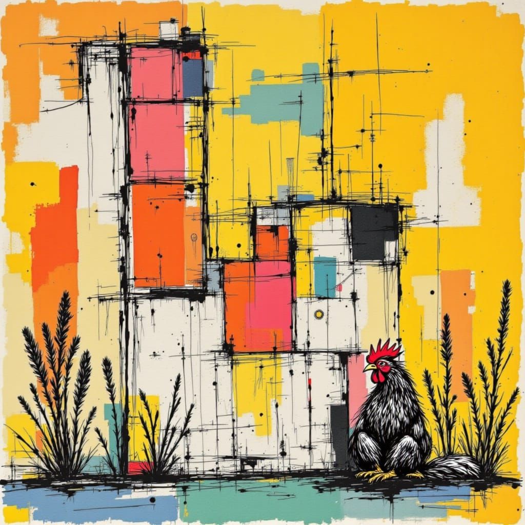 Neon Rooster Emerges from Urban Canvas in Vibrant Street Art...