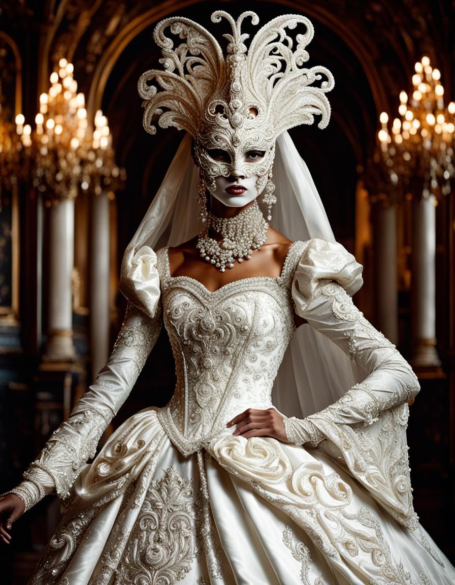 Ornate Venetian Masquerade Goddess in Dreamy Ballroom