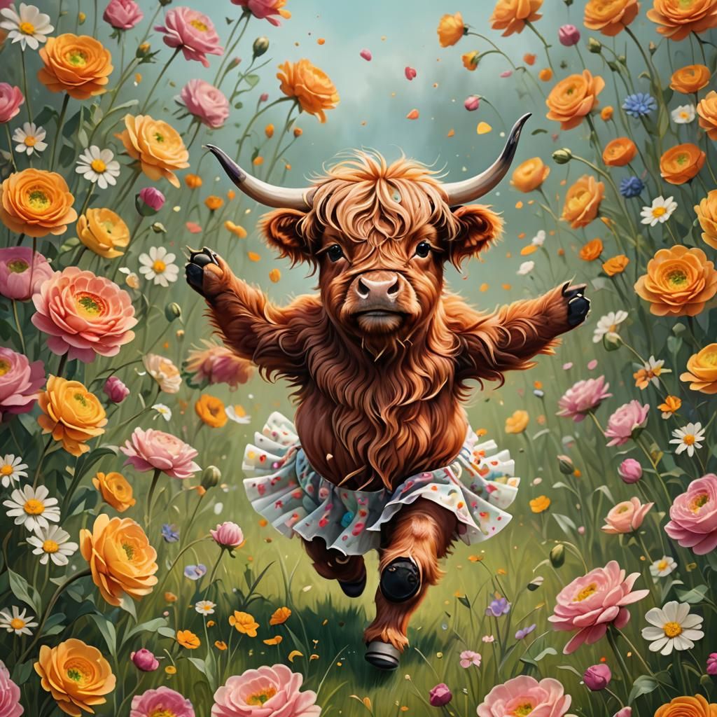 Baby Highland Cow Ballerina in Ranunculus Field