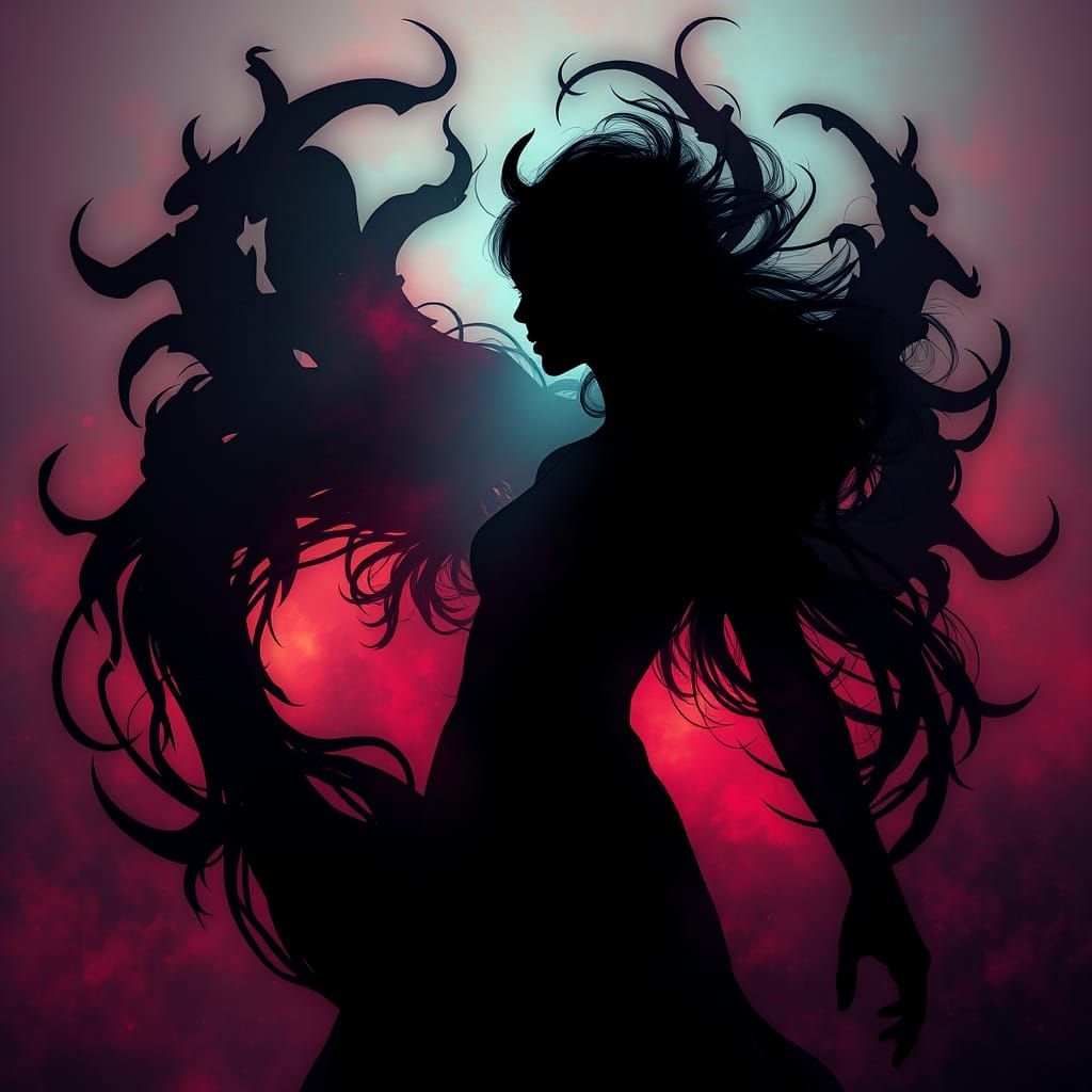 Mystical Woman in Dark, Vibrant Silhouettes