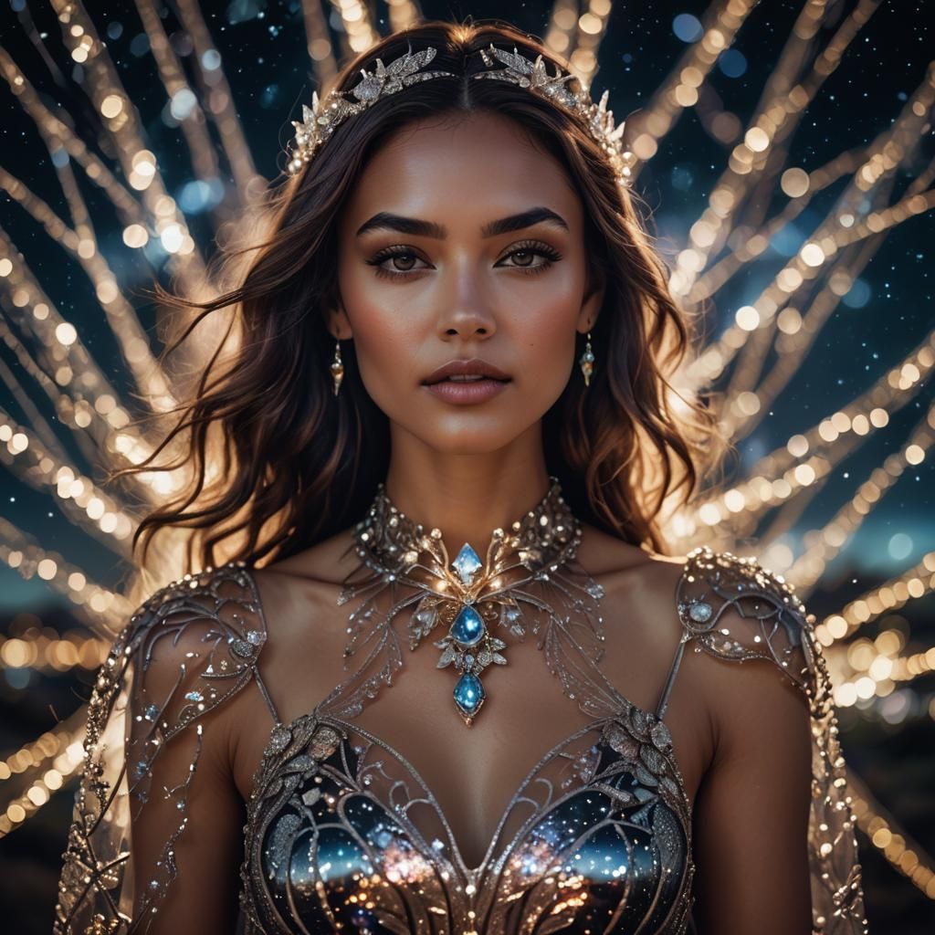 Beautiful Woman in Glass Dress Under Night Sky