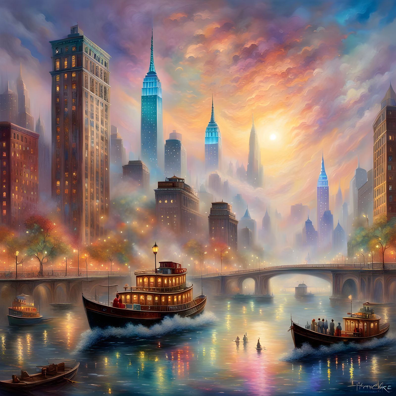 Manhattan Skyline in 1920s, Thomas Kinkade Style
