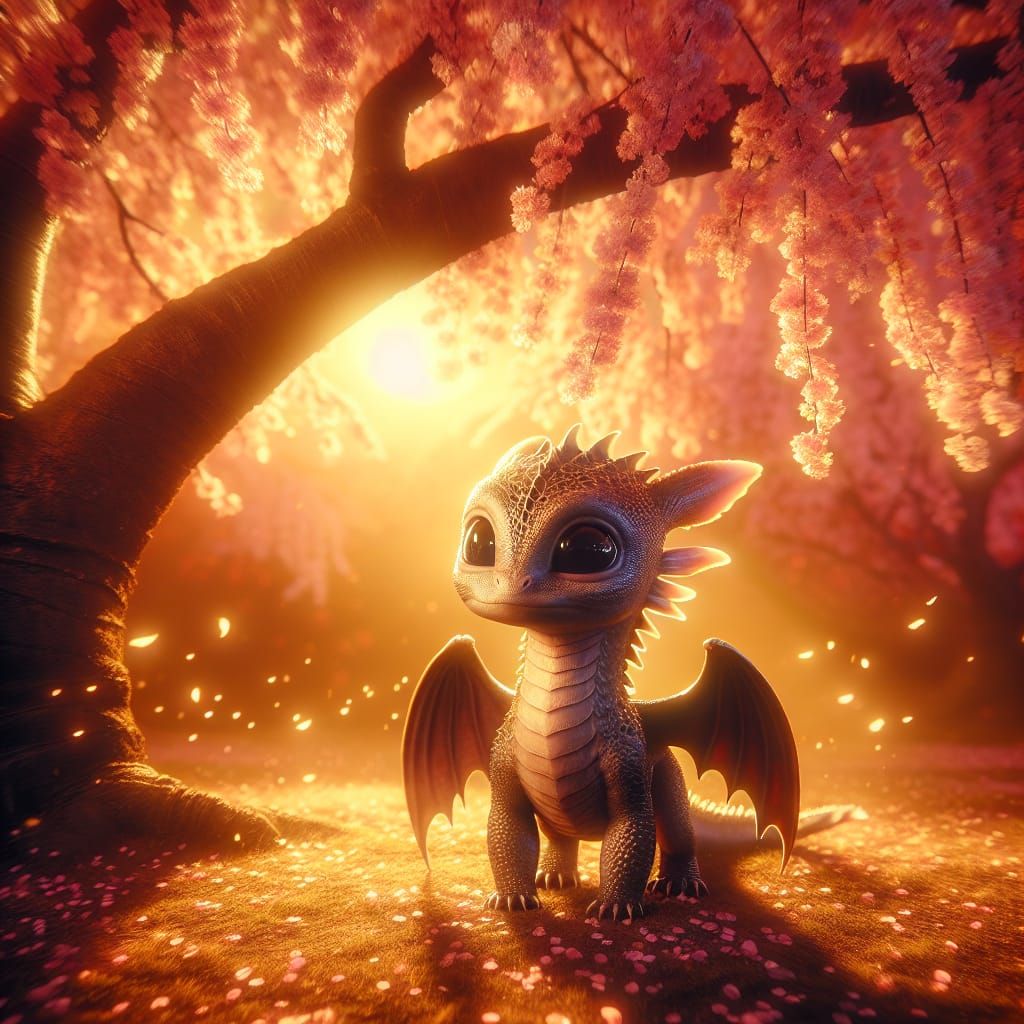 Enchanting Baby Dragon Under Cherry Blossom Tree