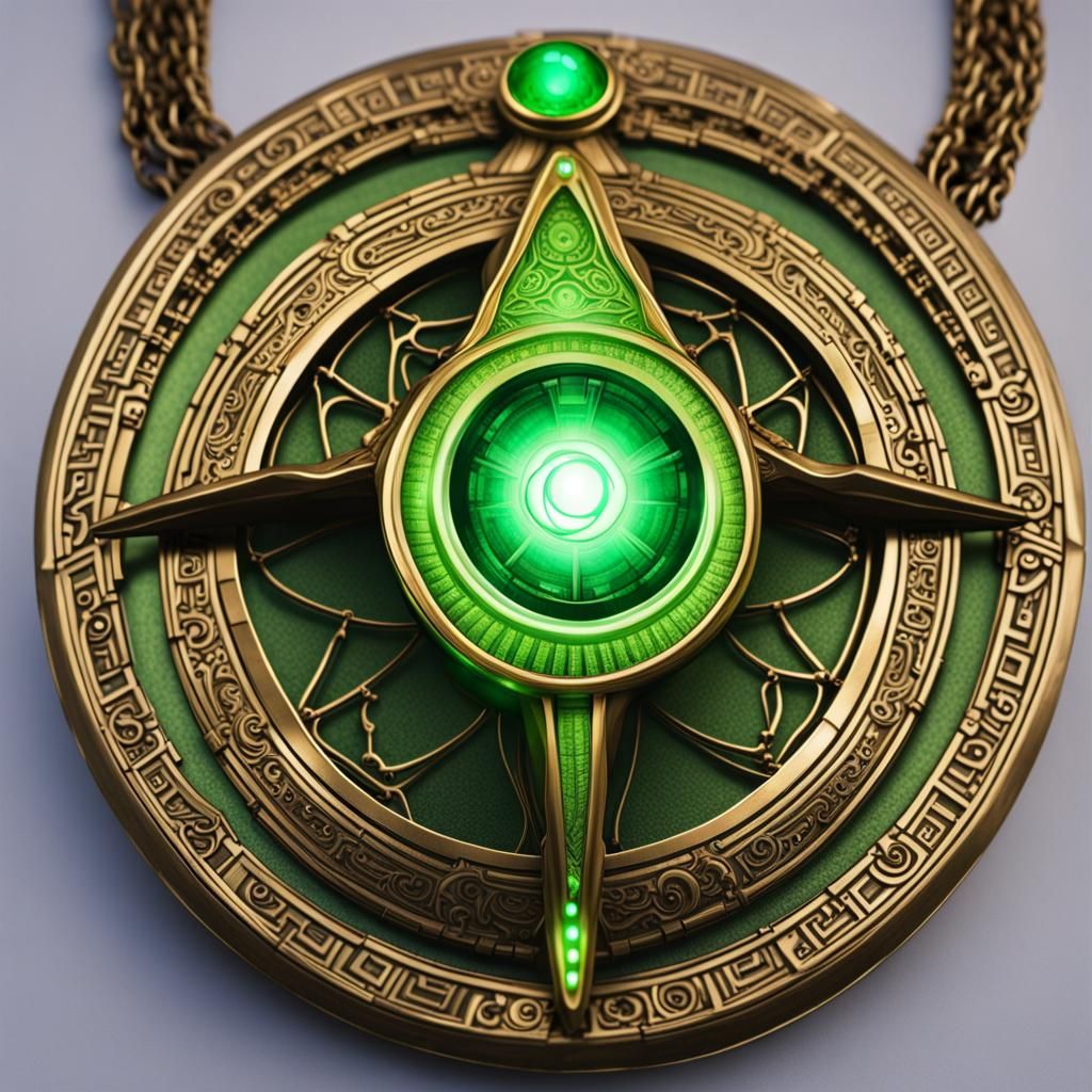 The Eye of Agamotto in a intricate looking necklace glowing green