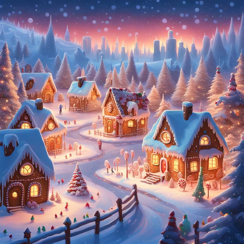 Whimsical Gingerbread Village under a Snowy Evening Sky