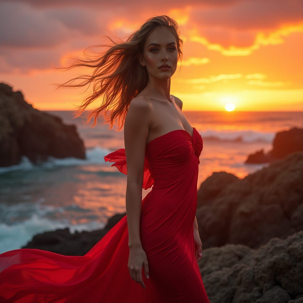 Glamorous Model Basks in Vibrant Sunset Glow