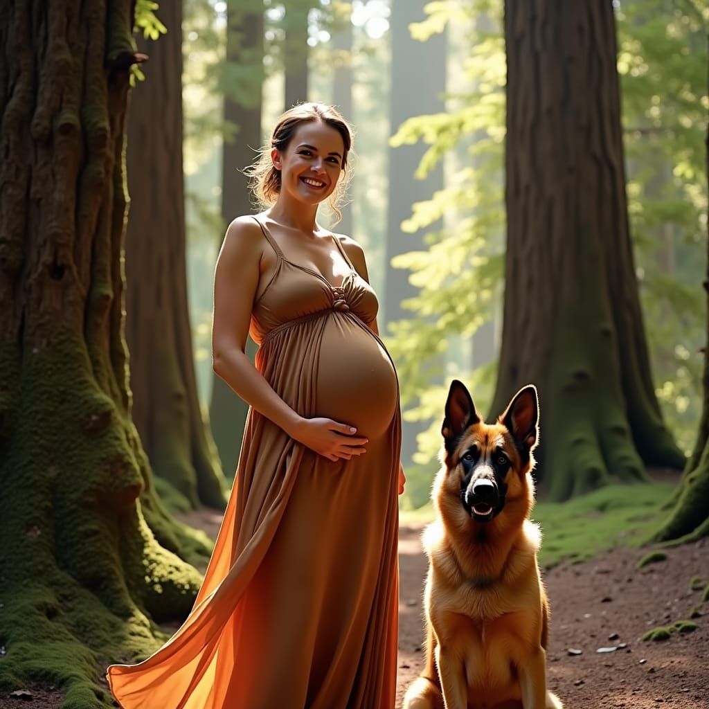 Expectant Mother and Loyal Dog in Redwood National Park