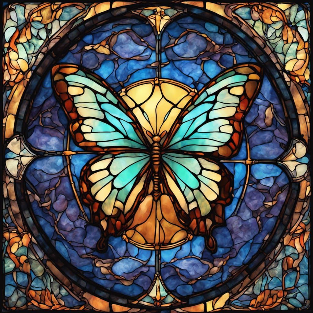 a serene stained glass depiction of a serene butterfly, symbolizing transformation and beauty