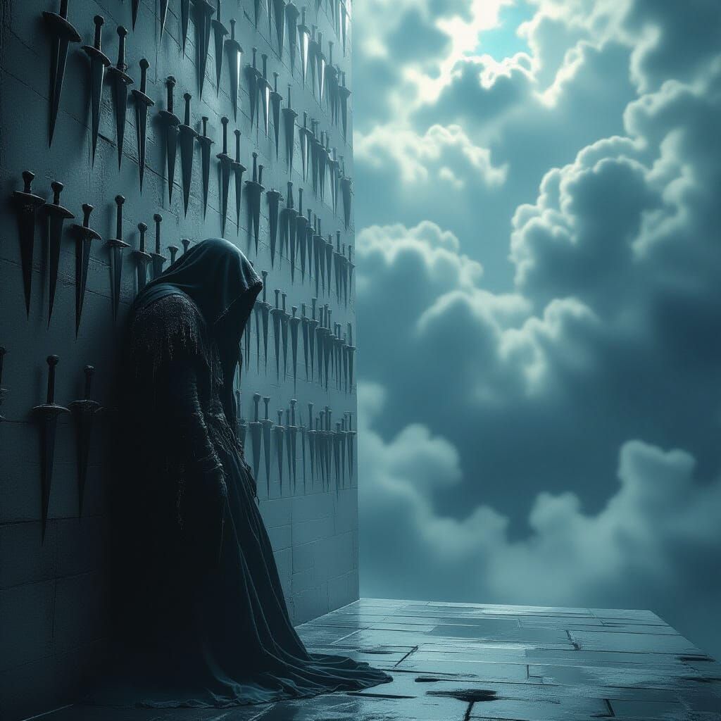 Figure Against Daggers in Dark Fantasy Style