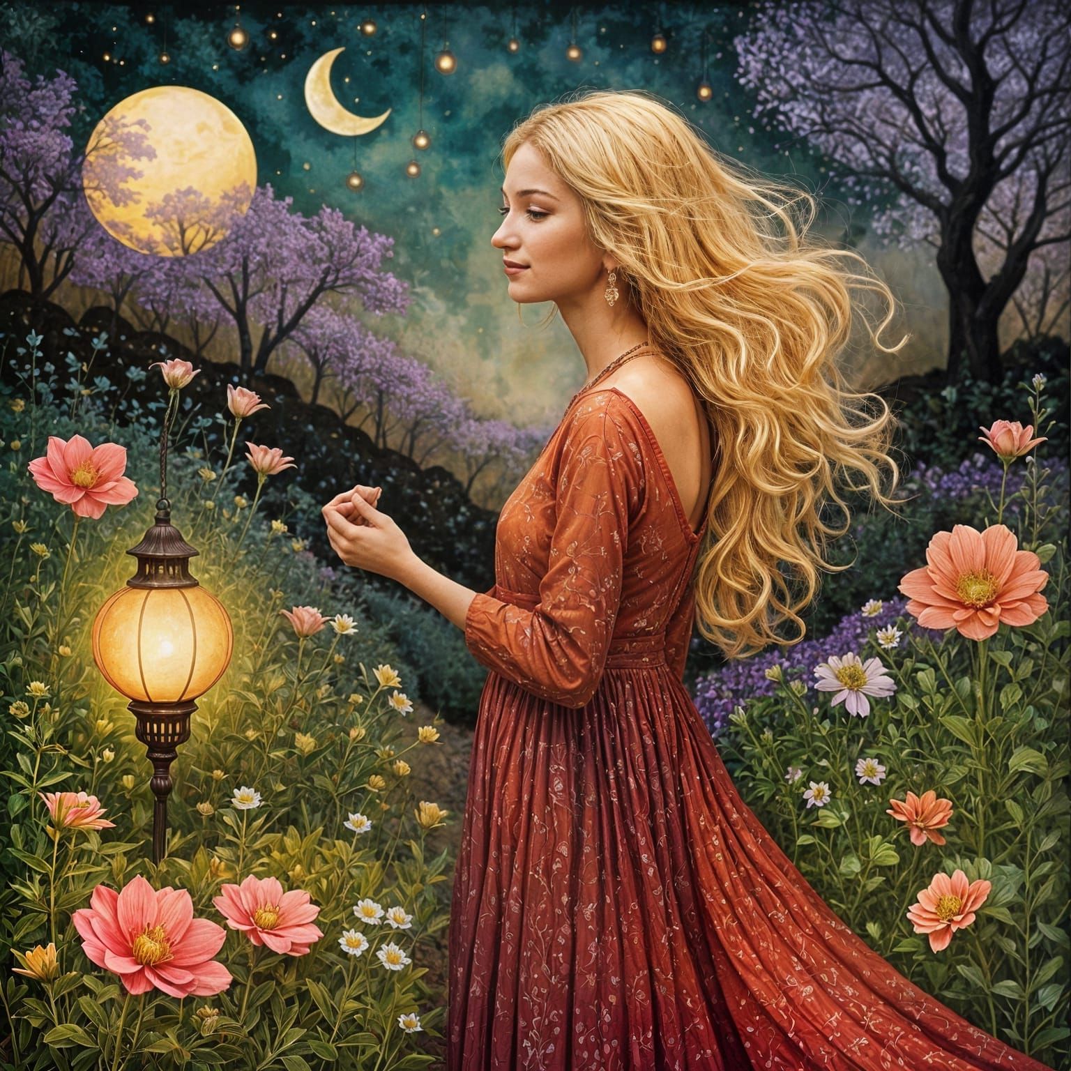 Woman in Garden at Dusk with Asian Lanterns