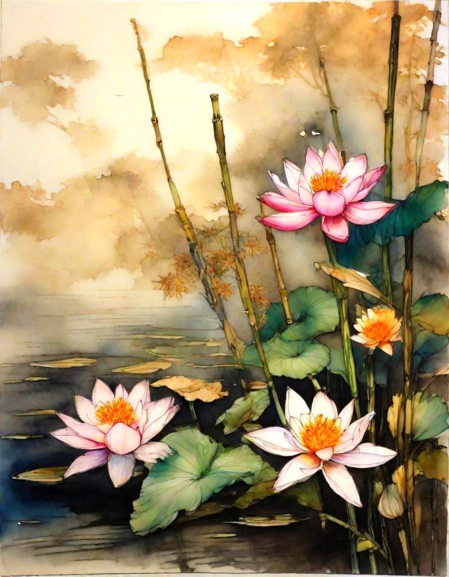 Ikevana Floral Arrangement in Ukiyo-e Alcohol Ink