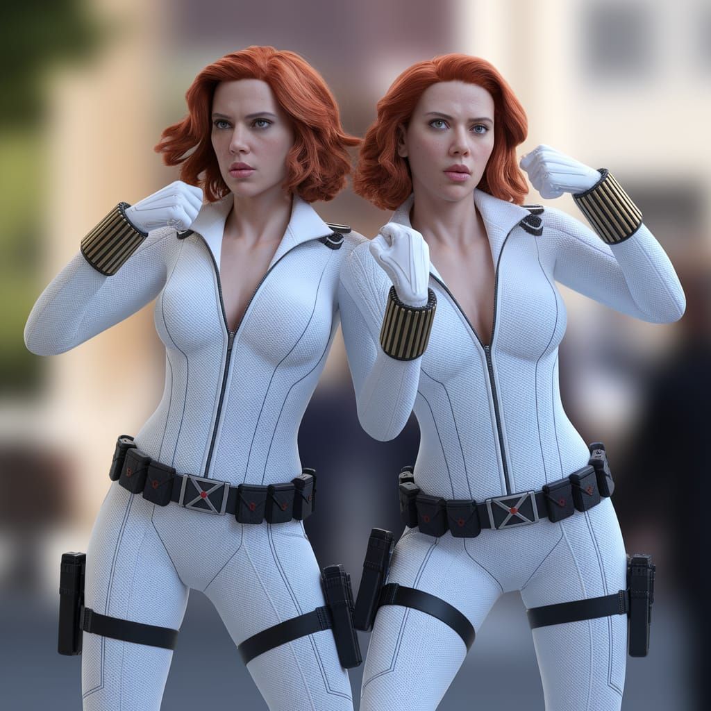 Black Widow in White Suit: Photorealistic Action