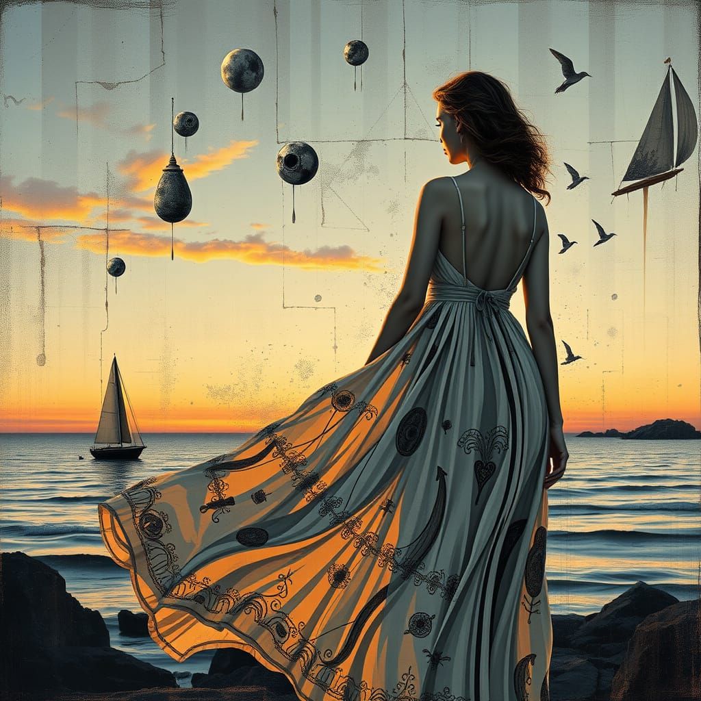 Cubist Woman at Dusk with Fragmented Objects