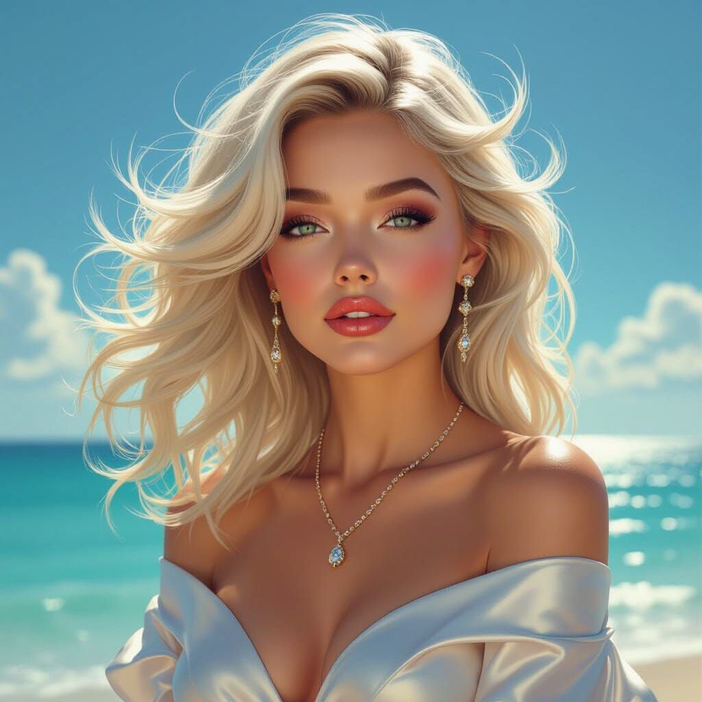 Elegant Blonde Woman With Windblown Hair By The Sea