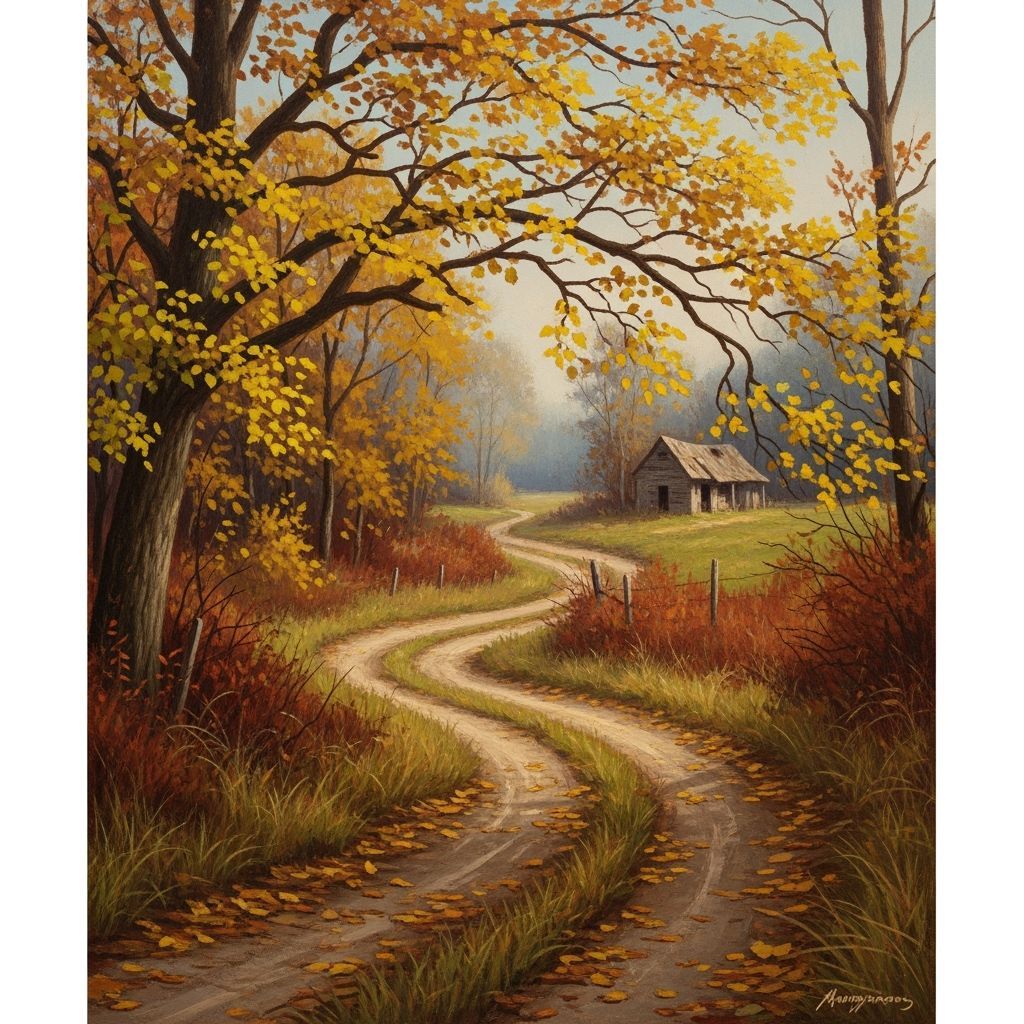 Autumn Country Road Leading to Shack, Realistic Style