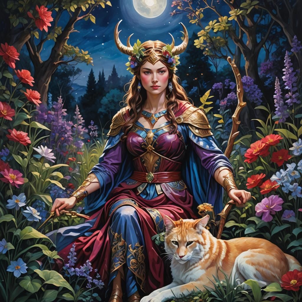 Artemis in The Sacred Garden: Hyperrealistic Impressionistic...