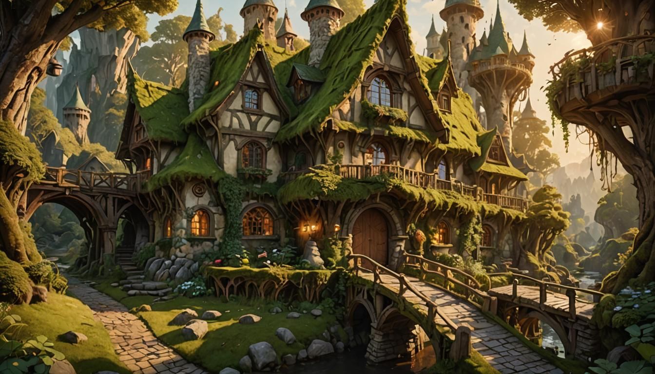 Magical Elven Cottage in Earthy Oil Painting Style