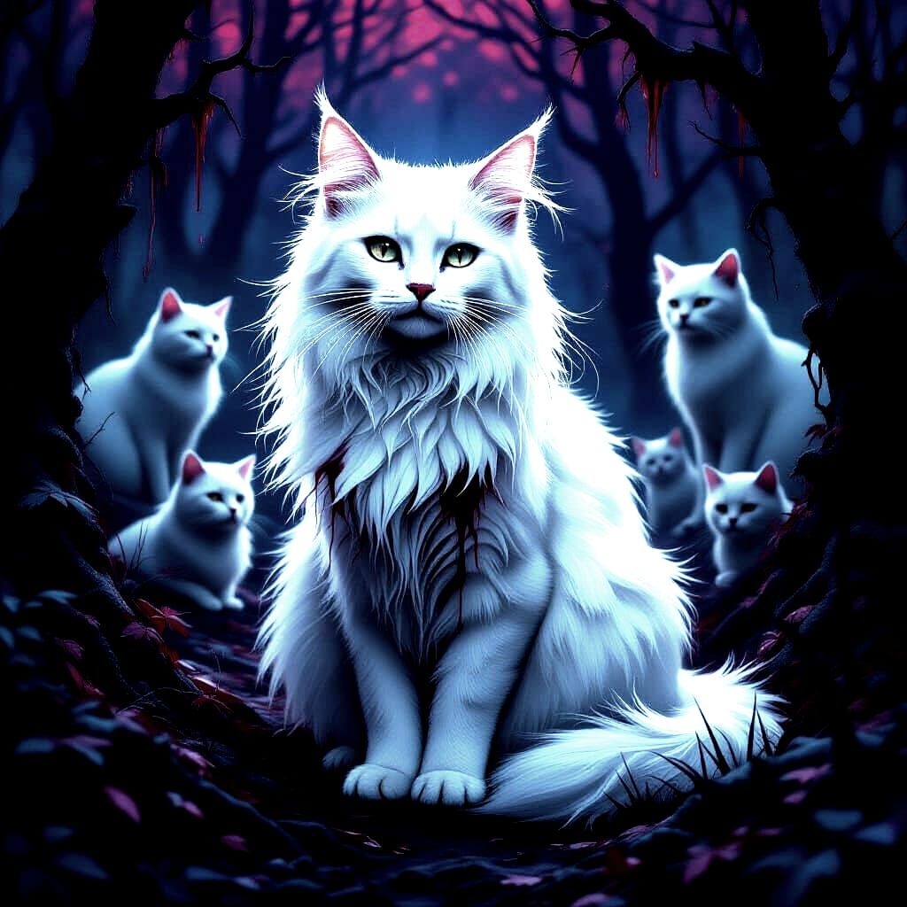 Gothic White Cat Amidst Horror Scene