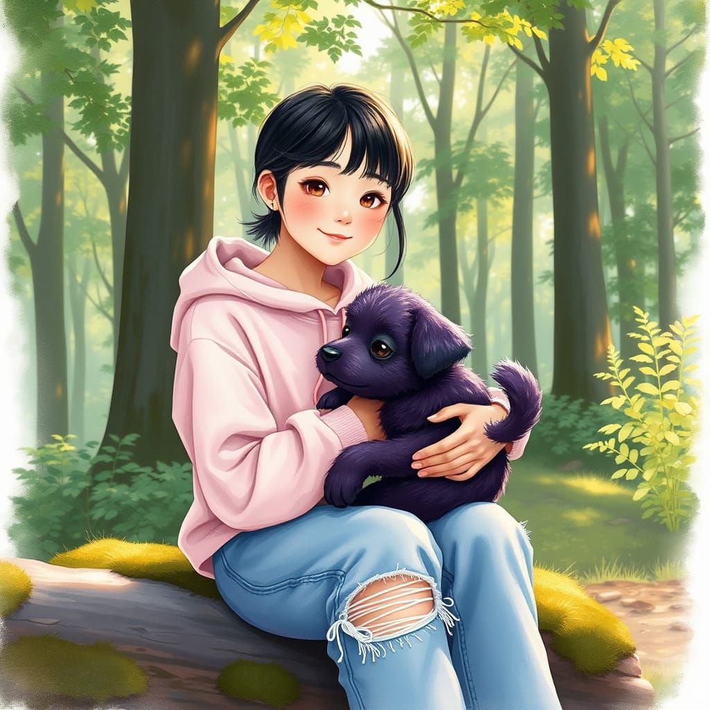 Whimsical Girl and Furry Forest Friend