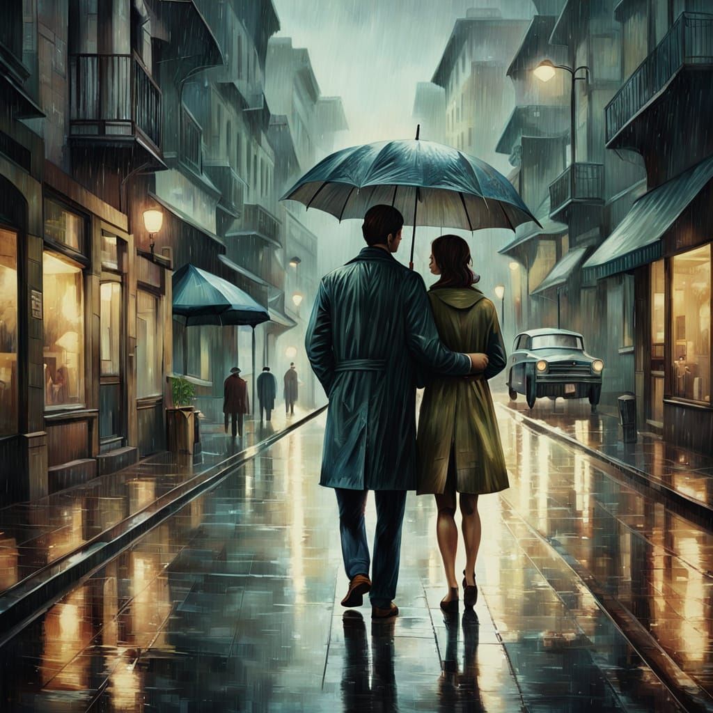 Ethereal City Romance Under Rainy Skies