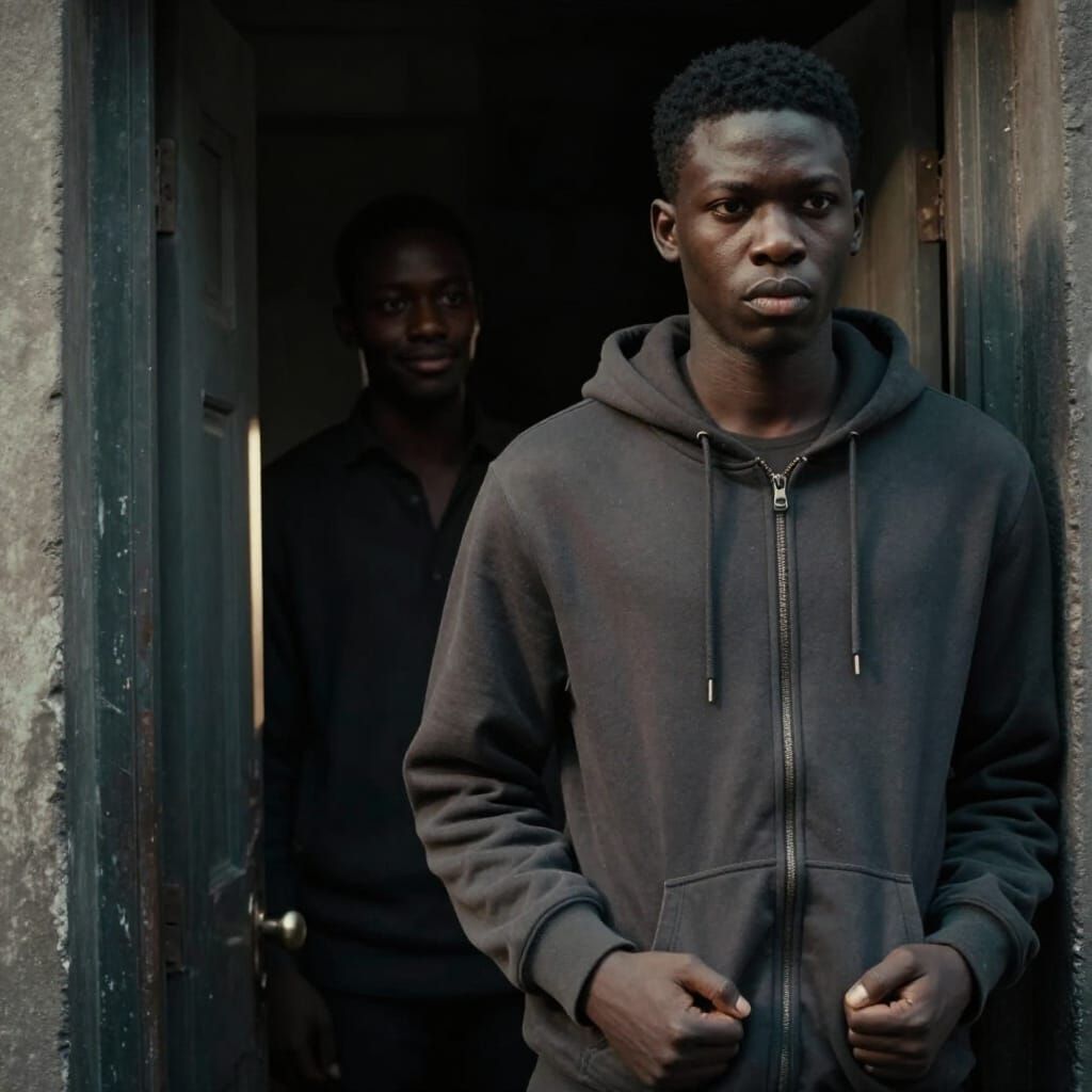 Tense Standoff Outside Dim Doorway in Urban Setting