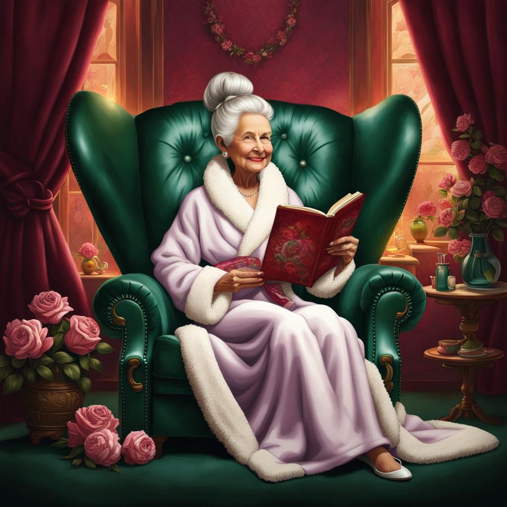 Loving Grandmother in Green Recliner, Detailed Matte Paintin...