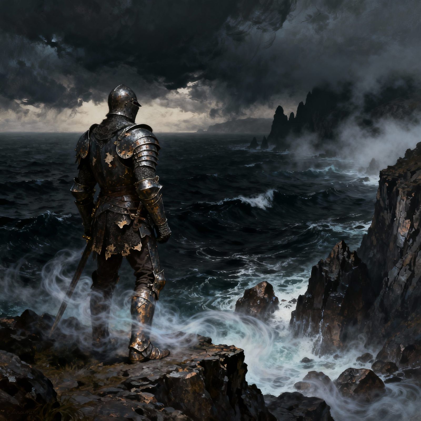 Lone Knight on Rocky Shore in Dark Fantasy Concept Art