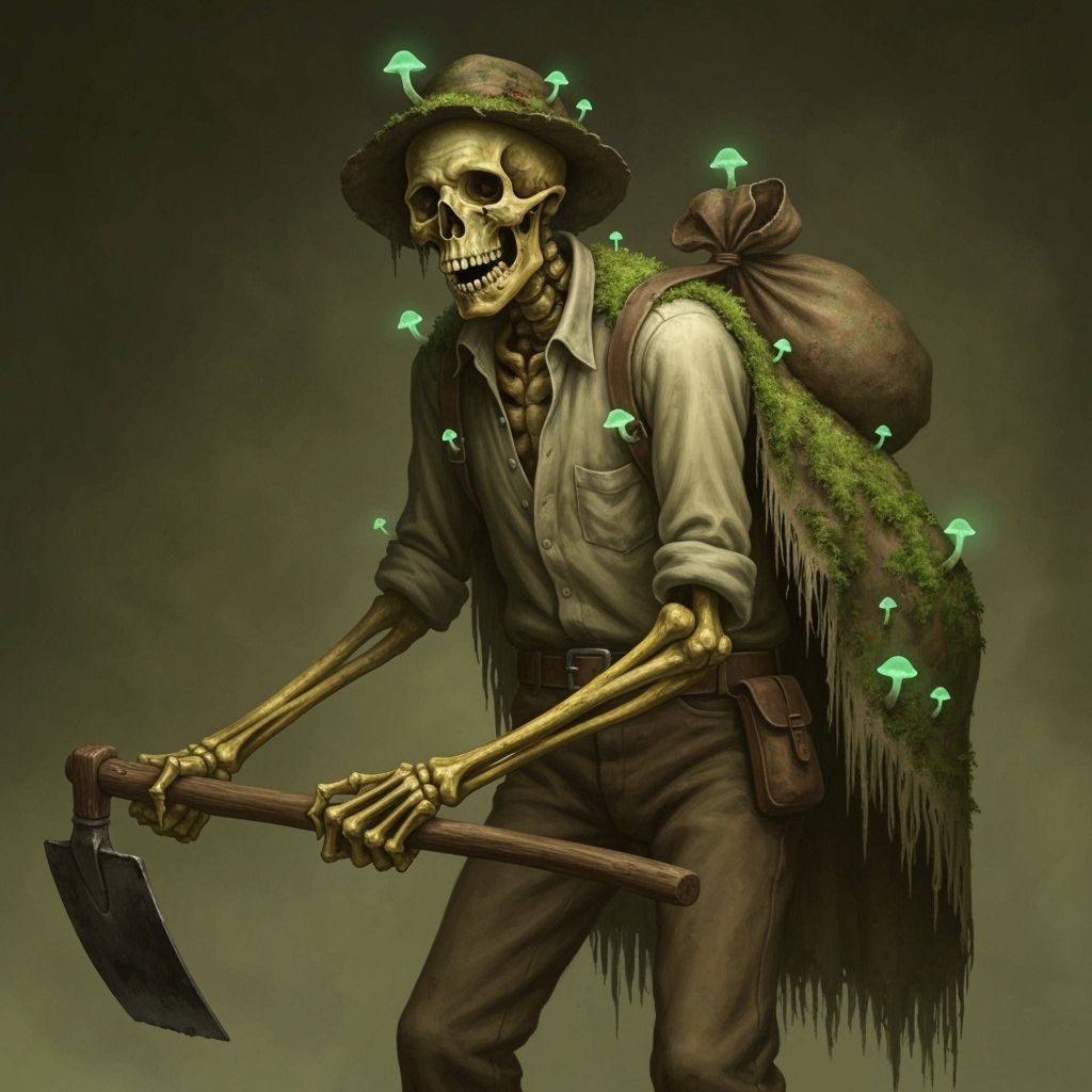 Skeleton Farmer Reclaimed by Nature in Dark Fantasy Style